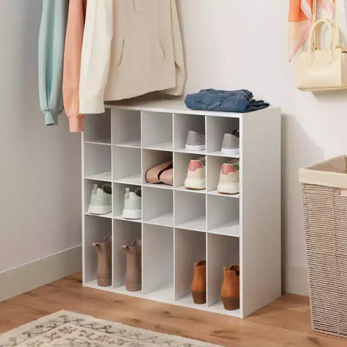 Scarpiera componibile in laminato a 4 livelli bianco - Brightroom™: Scarpiera organizer, Contiene 20 paia, Laminato effetto legno, Autoportante