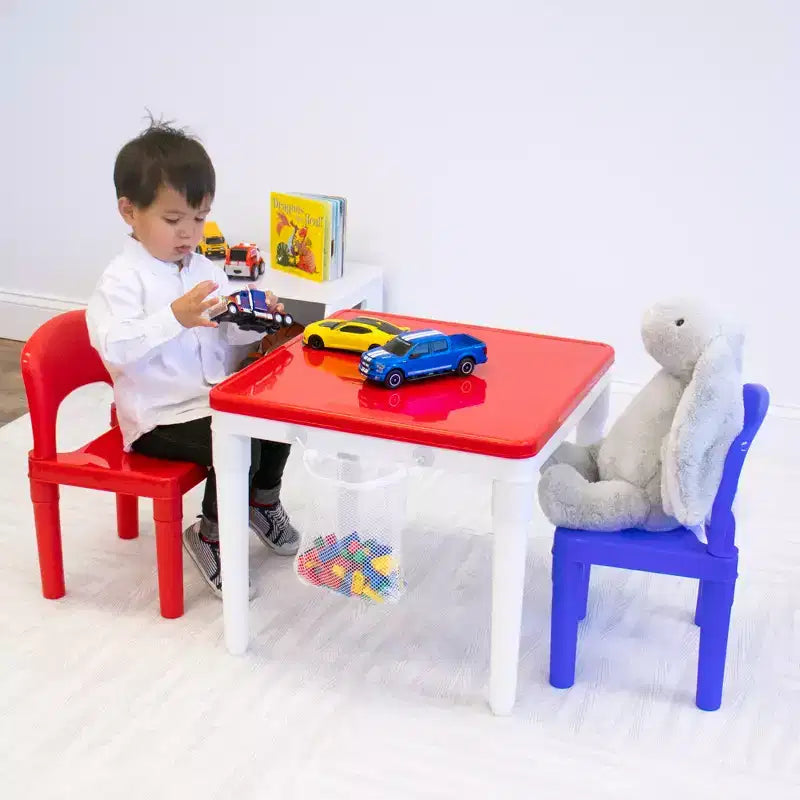 3pc 2 in 1 Square Activity Kids' Table with 2 Chairs Blue/Red - Humble Crew: Toddler Furniture for Playroom, Plastic Set