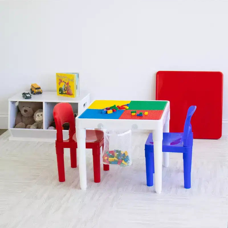 3pc 2 in 1 Square Activity Kids' Table with 2 Chairs Blue/Red - Humble Crew: Toddler Furniture for Playroom, Plastic Set