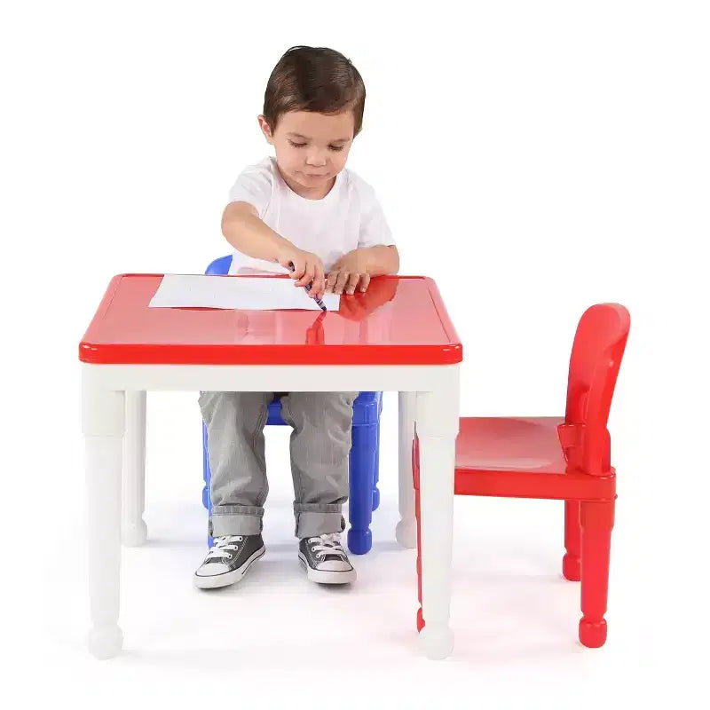 3pc 2 in 1 Square Activity Kids' Table with 2 Chairs Blue/Red - Humble Crew: Toddler Furniture for Playroom, Plastic Set
