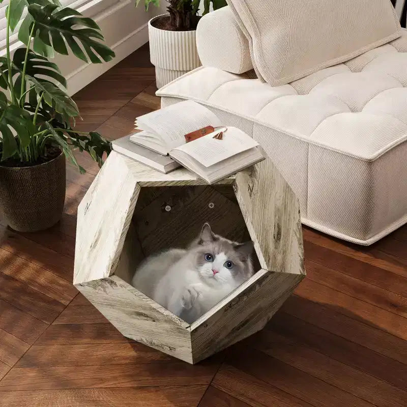 Okak Cats House Side Table for Coffee Cupboard Pet Crate Nightstand 26 Shaped MDF Multi-Purpose End Table Pet Bed Furniture
