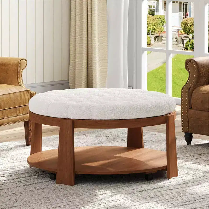 Okak Round 2-Tier Lift-Top CoffeeTable with Storage & 3 Ottoman, Mid Century Center Tables for Living Room Small Space