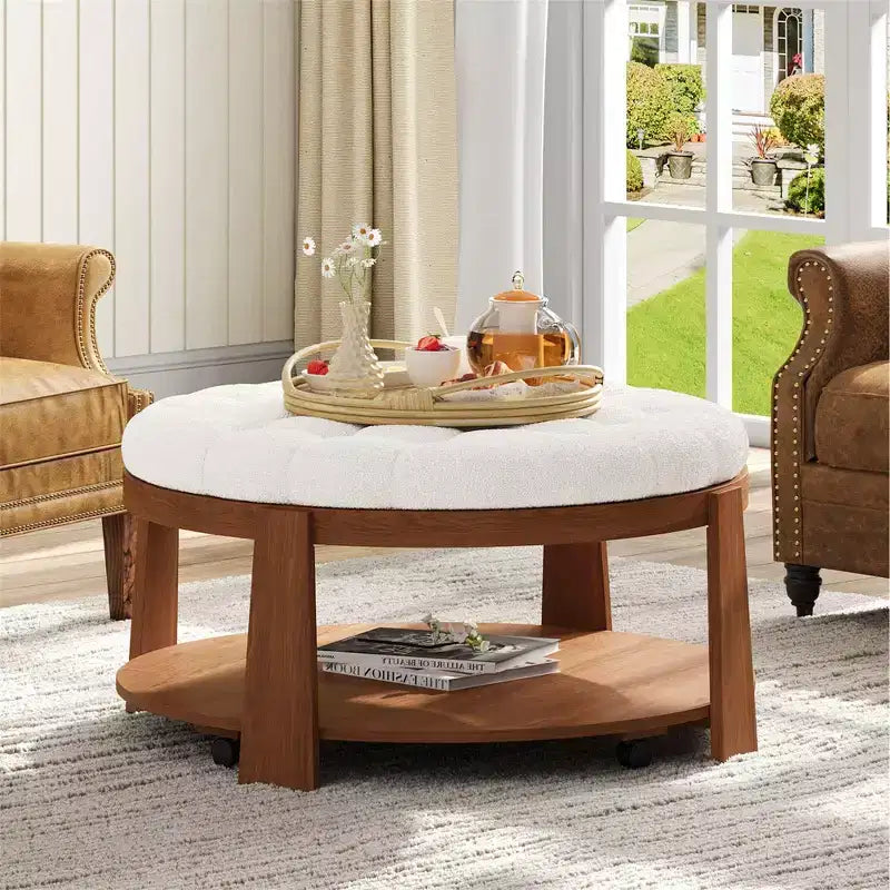 Okak Round 2-Tier Lift-Top CoffeeTable with Storage & 3 Ottoman, Mid Century Center Tables for Living Room Small Space