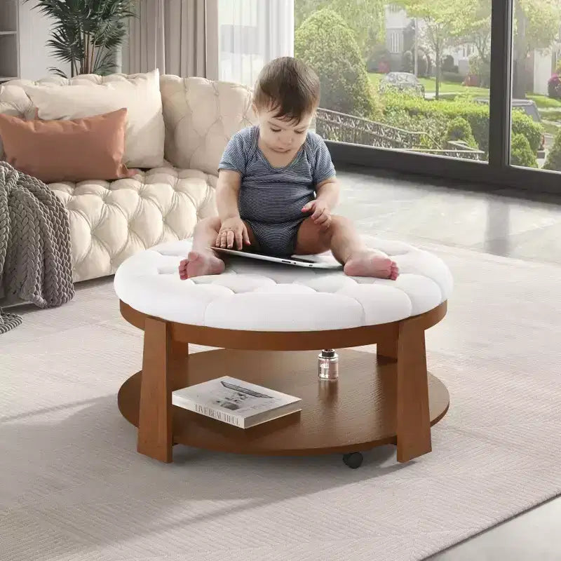 Okak Round 2-Tier Lift-Top CoffeeTable with Storage & 3 Ottoman, Mid Century Center Tables for Living Room Small Space