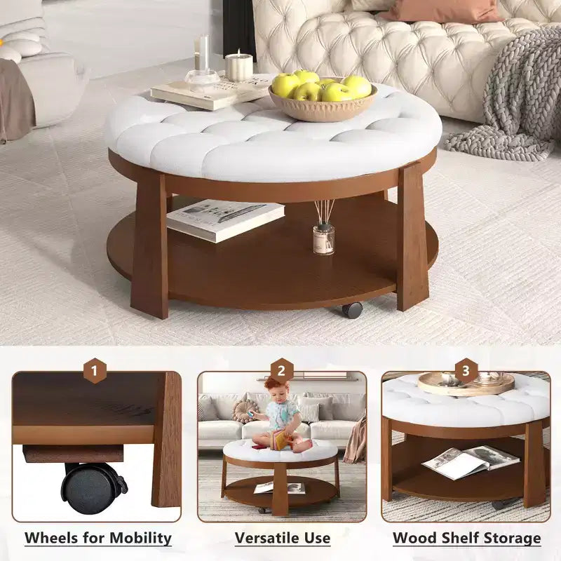 Okak Round 2-Tier Lift-Top CoffeeTable with Storage & 3 Ottoman, Mid Century Center Tables for Living Room Small Space