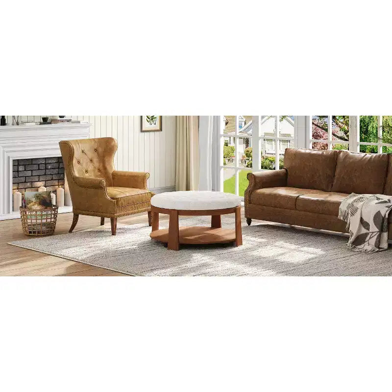 Okak Round 2-Tier Lift-Top CoffeeTable with Storage & 3 Ottoman, Mid Century Center Tables for Living Room Small Space