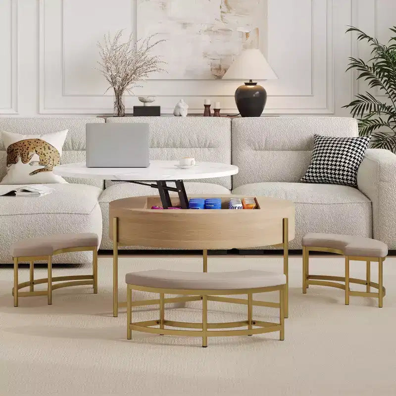 Okak Round 2-Tier Lift-Top CoffeeTable with Storage & 3 Ottoman, Mid Century Center Tables for Living Room Small Space