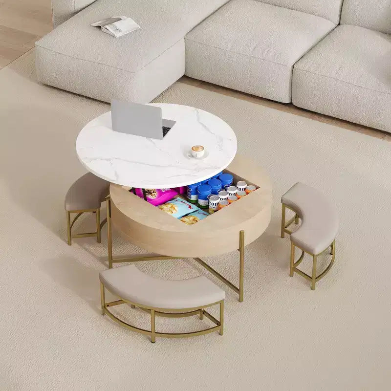 Okak Round 2-Tier Lift-Top CoffeeTable with Storage & 3 Ottoman, Mid Century Center Tables for Living Room Small Space