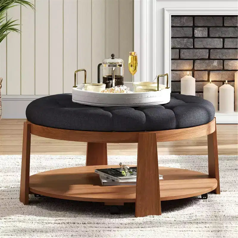 Okak Round 2-Tier Lift-Top CoffeeTable with Storage & 3 Ottoman, Mid Century Center Tables for Living Room Small Space