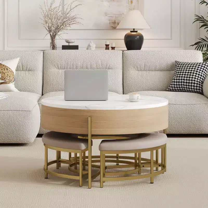 Okak Round 2-Tier Lift-Top CoffeeTable with Storage & 3 Ottoman, Mid Century Center Tables for Living Room Small Space