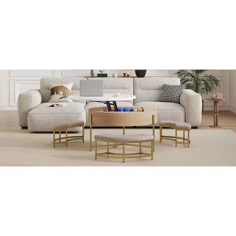 Okak Round 2-Tier Lift-Top CoffeeTable with Storage & 3 Ottoman, Mid Century Center Tables for Living Room Small Space