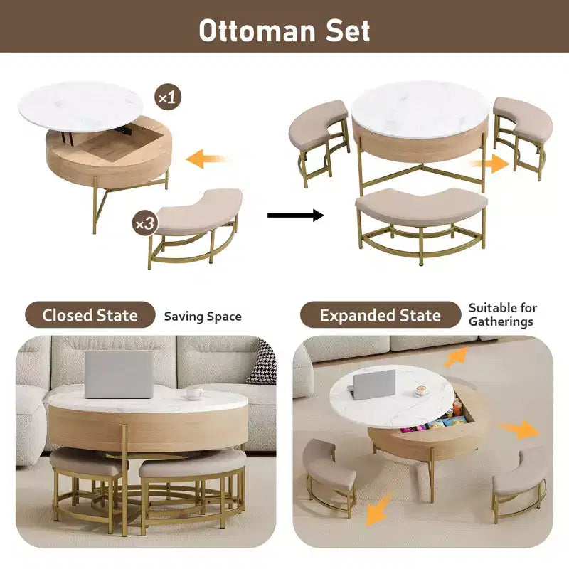 Okak Round 2-Tier Lift-Top CoffeeTable with Storage & 3 Ottoman, Mid Century Center Tables for Living Room Small Space