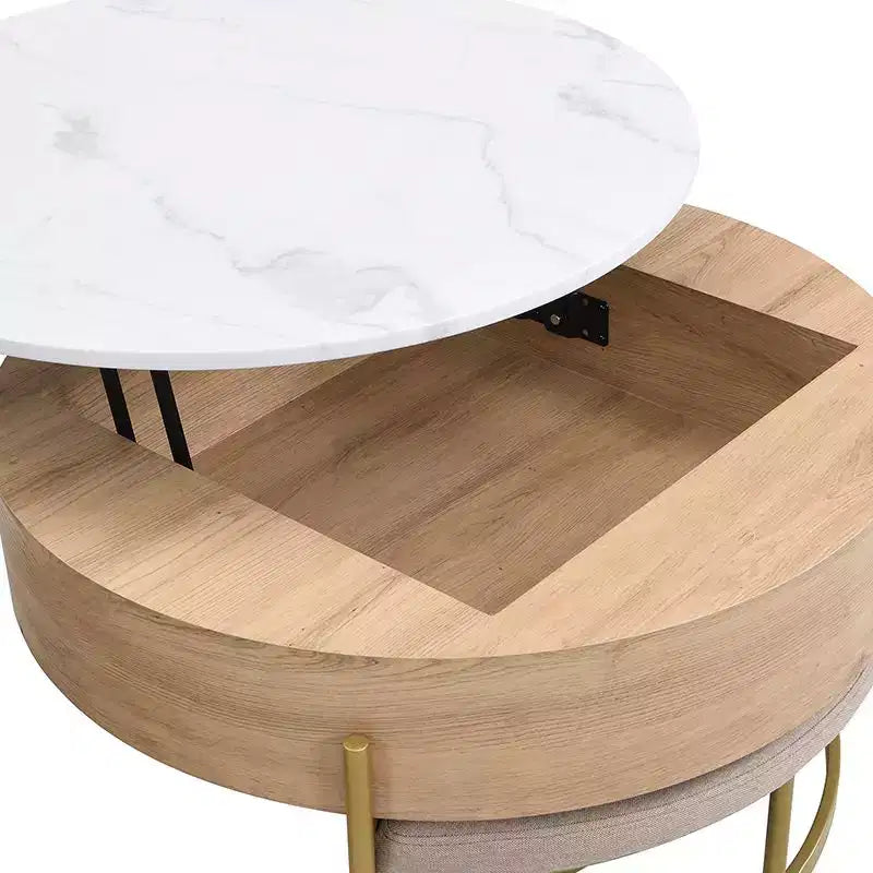 Okak Round 2-Tier Lift-Top CoffeeTable with Storage & 3 Ottoman, Mid Century Center Tables for Living Room Small Space