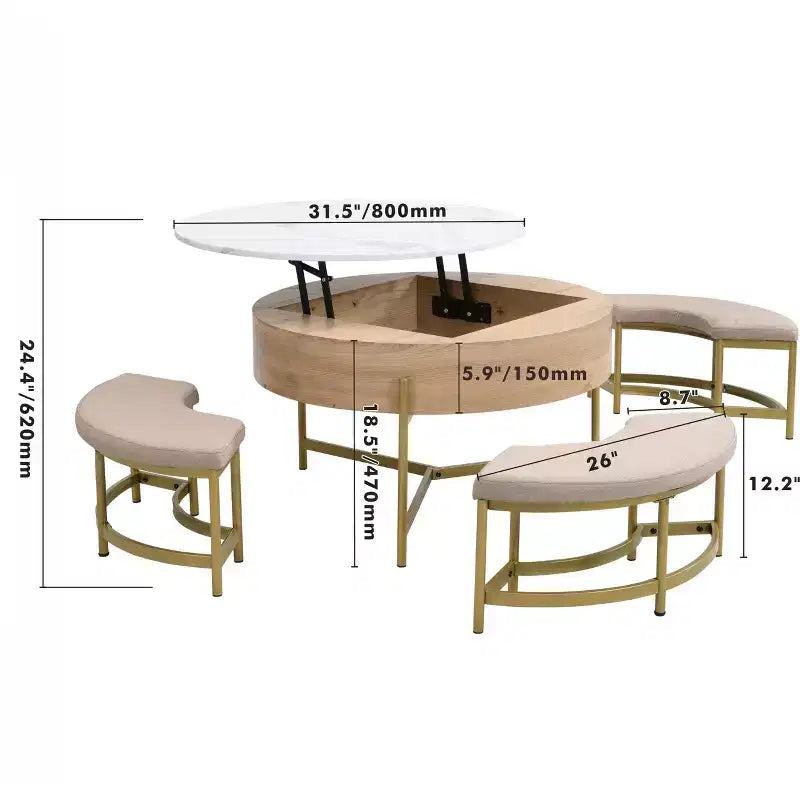 Okak Round 2-Tier Lift-Top CoffeeTable with Storage & 3 Ottoman, Mid Century Center Tables for Living Room Small Space