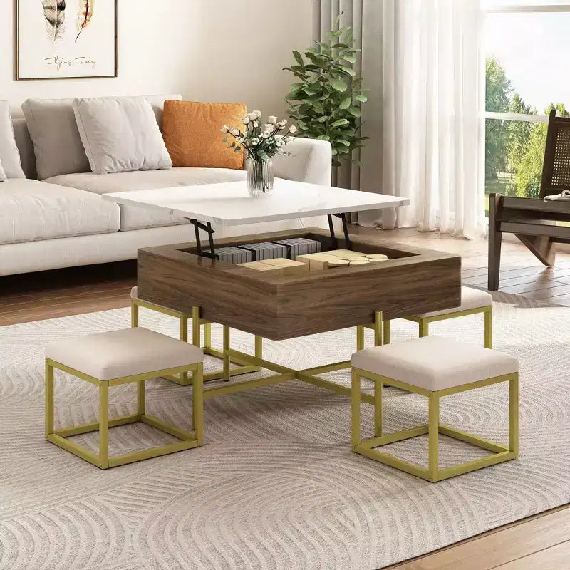 Okak Round 2-Tier Lift-Top CoffeeTable with Storage & 3 Ottoman, Mid Century Center Tables for Living Room Small Space