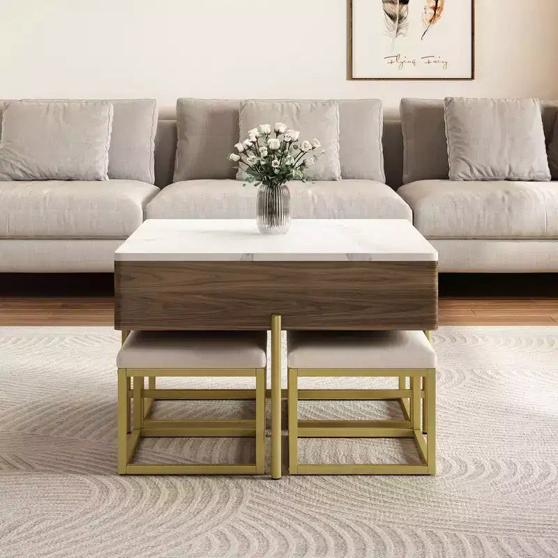 Okak Round 2-Tier Lift-Top CoffeeTable with Storage & 3 Ottoman, Mid Century Center Tables for Living Room Small Space