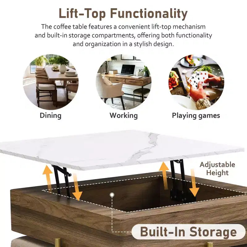 Okak Round 2-Tier Lift-Top CoffeeTable with Storage & 3 Ottoman, Mid Century Center Tables for Living Room Small Space