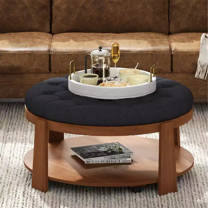 Okak Round 2-Tier Lift-Top CoffeeTable with Storage & 3 Ottoman, Mid Century Center Tables for Living Room Small Space