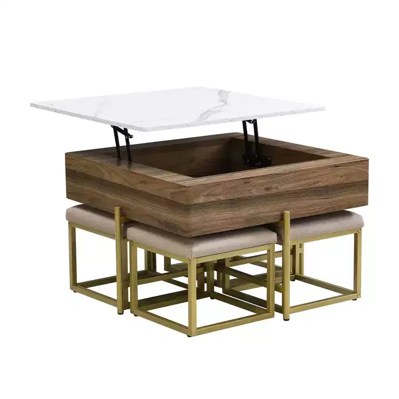Okak Round 2-Tier Lift-Top CoffeeTable with Storage & 3 Ottoman, Mid Century Center Tables for Living Room Small Space