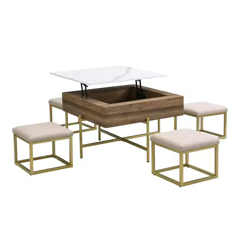 Okak Round 2-Tier Lift-Top CoffeeTable with Storage & 3 Ottoman, Mid Century Center Tables for Living Room Small Space