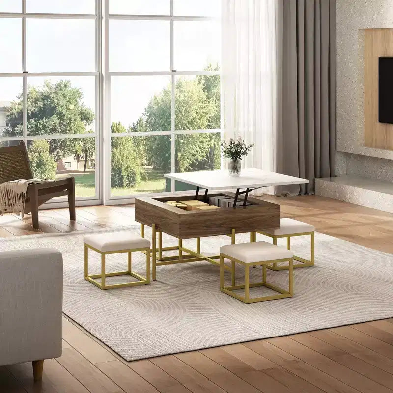 Okak Round 2-Tier Lift-Top CoffeeTable with Storage & 3 Ottoman, Mid Century Center Tables for Living Room Small Space