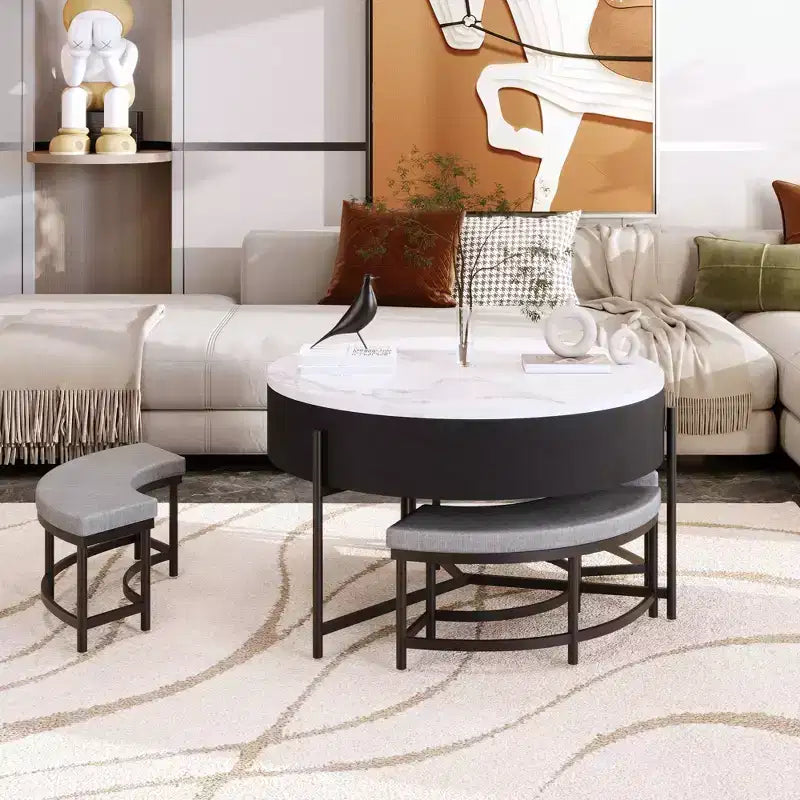 Okak Round 2-Tier Lift-Top CoffeeTable with Storage & 3 Ottoman, Mid Century Center Tables for Living Room Small Space