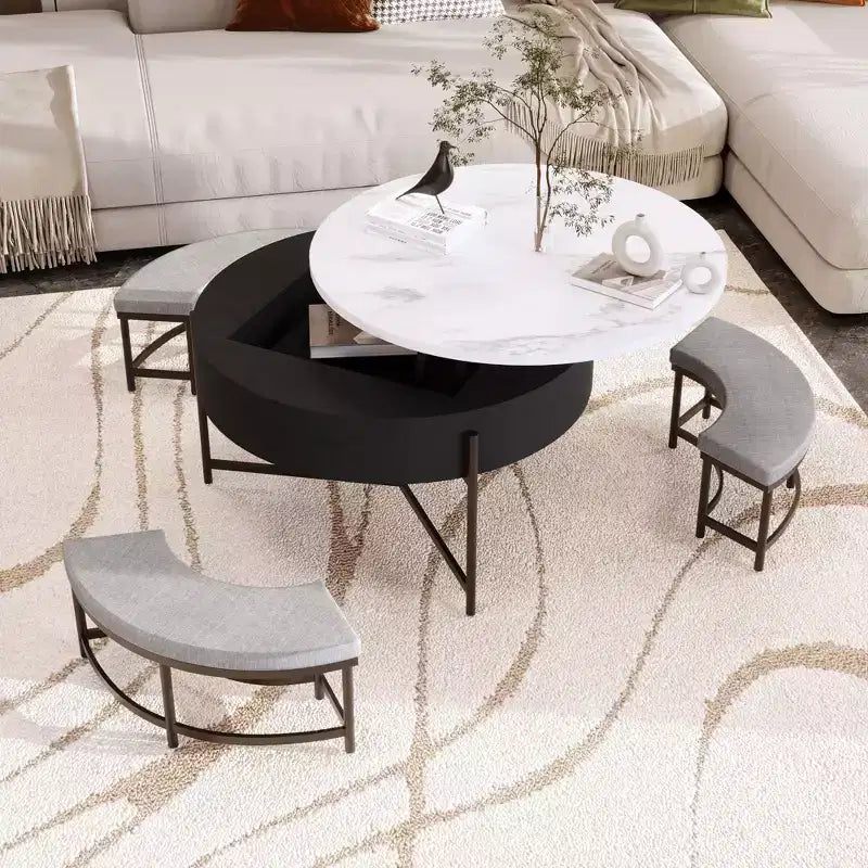 Okak Round 2-Tier Lift-Top CoffeeTable with Storage & 3 Ottoman, Mid Century Center Tables for Living Room Small Space