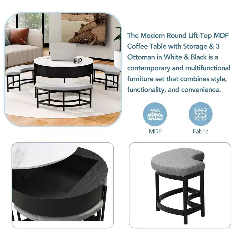 Okak Round 2-Tier Lift-Top CoffeeTable with Storage & 3 Ottoman, Mid Century Center Tables for Living Room Small Space