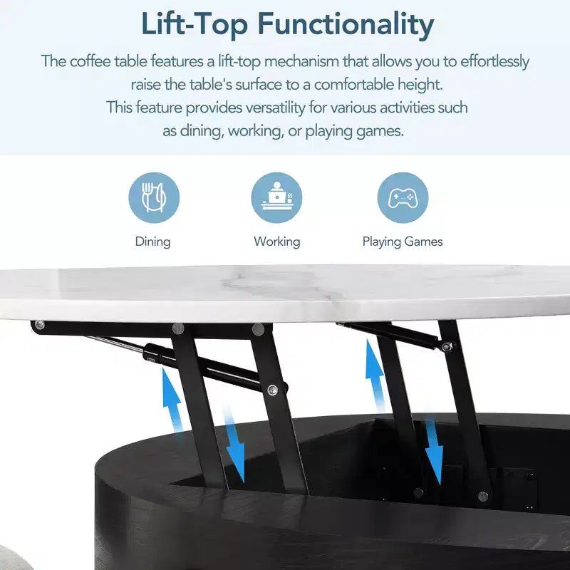 Okak Round 2-Tier Lift-Top CoffeeTable with Storage & 3 Ottoman, Mid Century Center Tables for Living Room Small Space