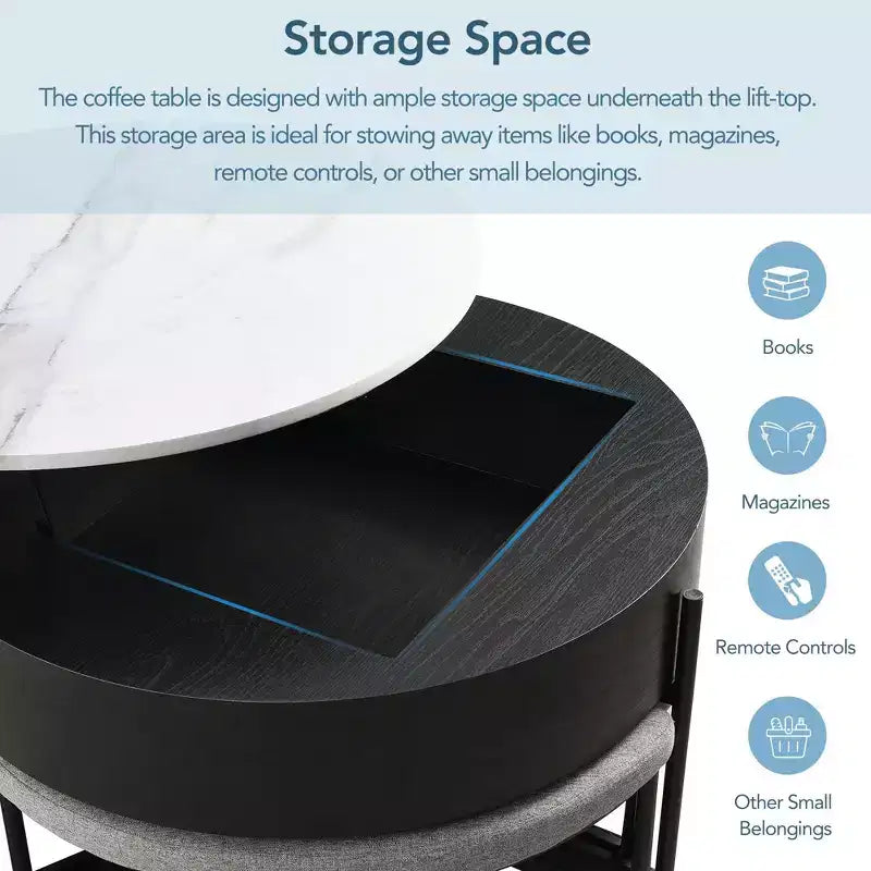 Okak Round 2-Tier Lift-Top CoffeeTable with Storage & 3 Ottoman, Mid Century Center Tables for Living Room Small Space