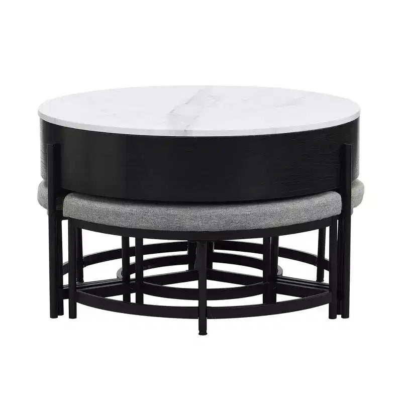 Okak Round 2-Tier Lift-Top CoffeeTable with Storage & 3 Ottoman, Mid Century Center Tables for Living Room Small Space