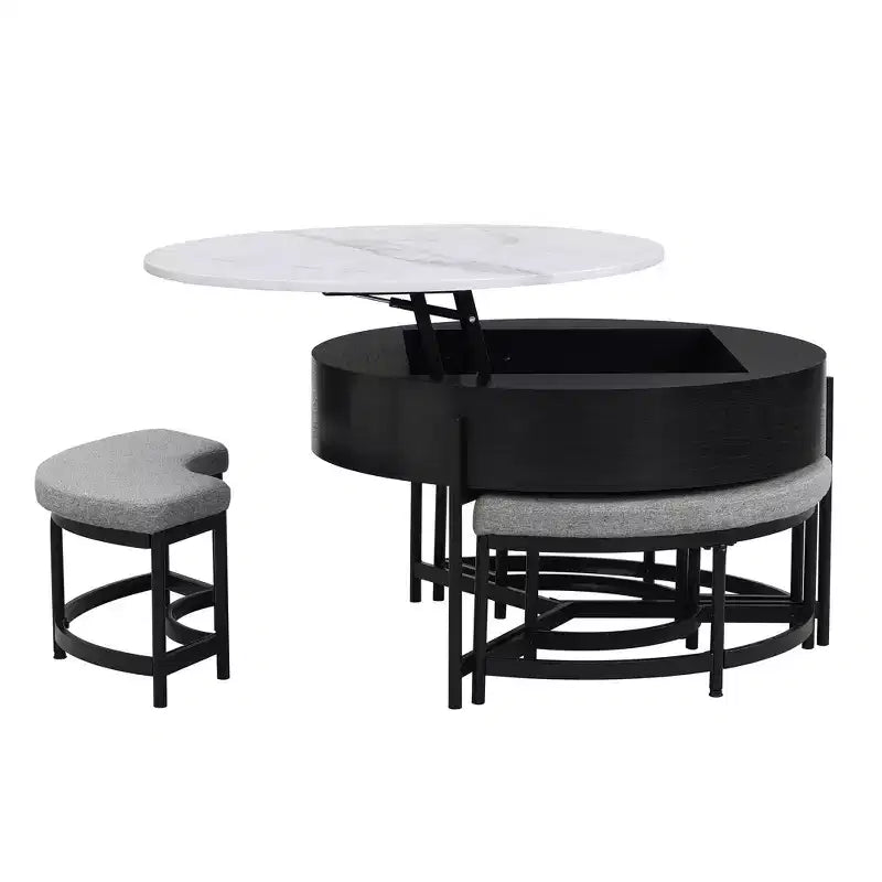 Okak Round 2-Tier Lift-Top CoffeeTable with Storage & 3 Ottoman, Mid Century Center Tables for Living Room Small Space