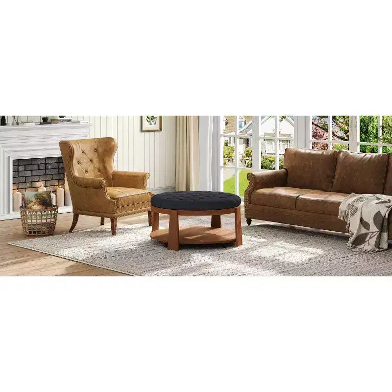 Okak Round 2-Tier Lift-Top CoffeeTable with Storage & 3 Ottoman, Mid Century Center Tables for Living Room Small Space