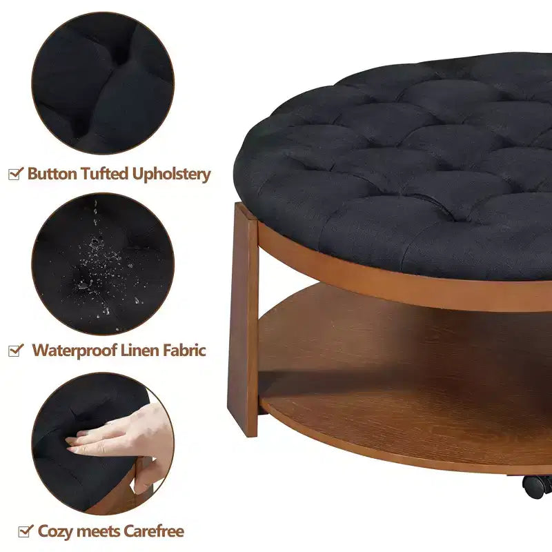 Okak Round 2-Tier Lift-Top CoffeeTable with Storage & 3 Ottoman, Mid Century Center Tables for Living Room Small Space