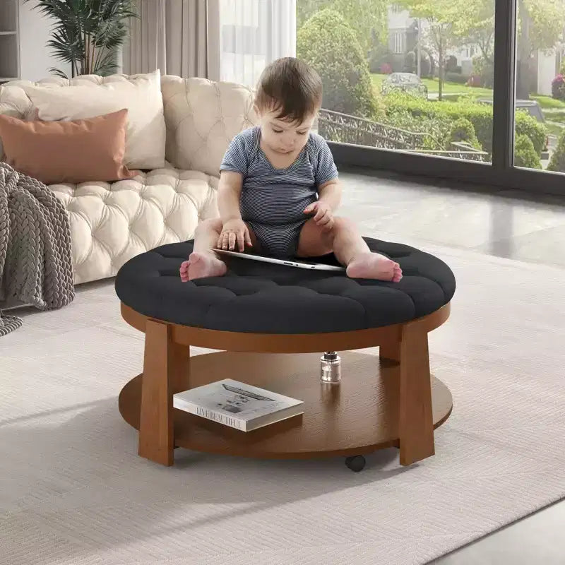 Okak Round 2-Tier Lift-Top CoffeeTable with Storage & 3 Ottoman, Mid Century Center Tables for Living Room Small Space