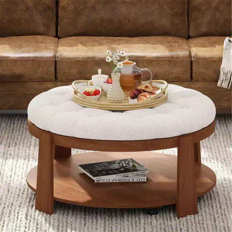Okak Round 2-Tier Lift-Top CoffeeTable with Storage & 3 Ottoman, Mid Century Center Tables for Living Room Small Space