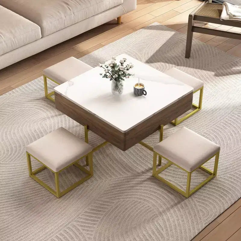 Okak Round 2-Tier Lift-Top CoffeeTable with Storage & 3 Ottoman, Mid Century Center Tables for Living Room Small Space