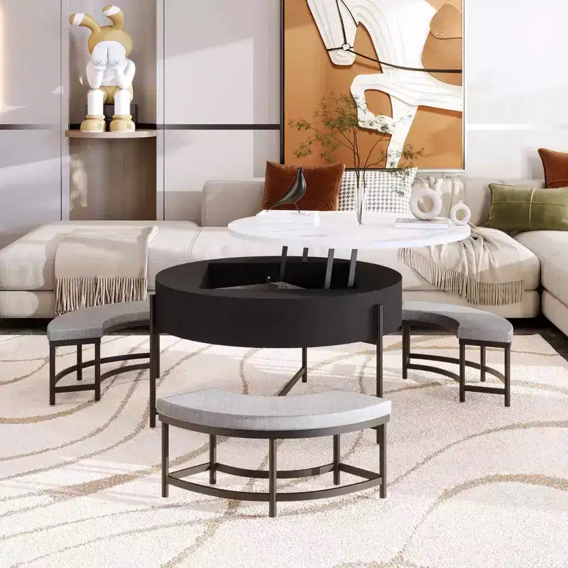 Okak Round 2-Tier Lift-Top CoffeeTable with Storage & 3 Ottoman, Mid Century Center Tables for Living Room Small Space