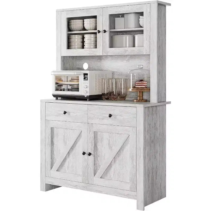 Kitchen Pantry Cabinet with Microwave Stand - Freestanding Hutch with Adjustable Shelves, Buffet Cupboard for Dining Room