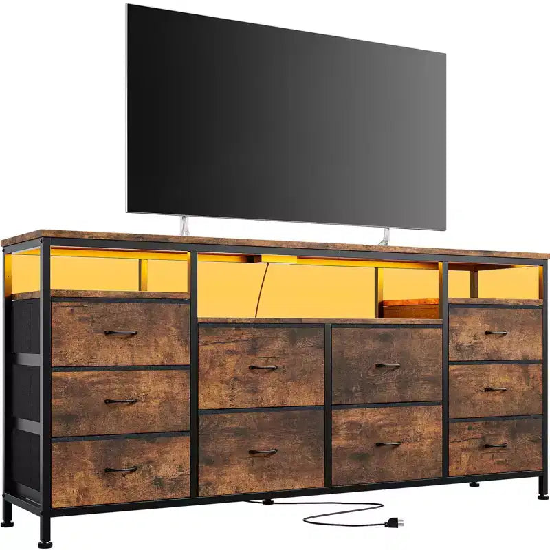 63.3 Inch Dresser for Bedroom, 10 Drawer Dresser TV Fabric Chest of Drawers with LED Lights & Power Outlets, Long Entertainment Center for Closet