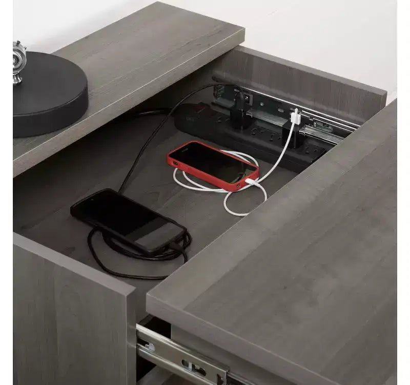 HomeStock Nightstand with Charging Station and Drawers Gray Maple Versa