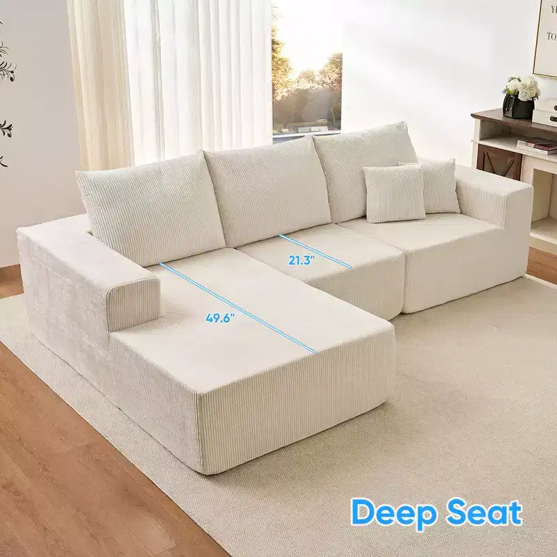 Mjkone 108Corduroy Fabric Sectional Couch with Chaise Lounge3-Pieces Free-Combined Cloud Modular L-Shaped Sofa