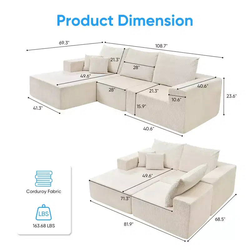 Mjkone 108Corduroy Fabric Sectional Couch with Chaise Lounge3-Pieces Free-Combined Cloud Modular L-Shaped Sofa