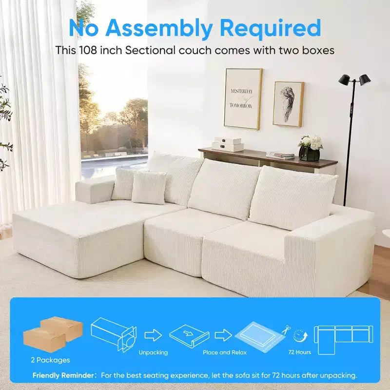 Mjkone 108Corduroy Fabric Sectional Couch with Chaise Lounge3-Pieces Free-Combined Cloud Modular L-Shaped Sofa