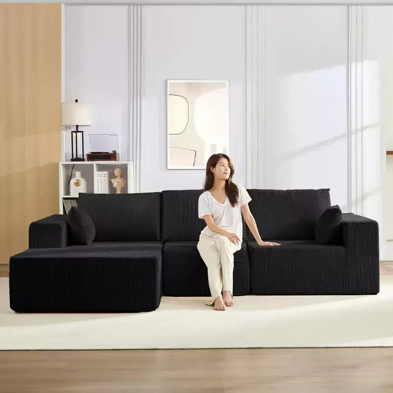Mjkone 108Corduroy Fabric Sectional Couch with Chaise Lounge3-Pieces Free-Combined Cloud Modular L-Shaped Sofa