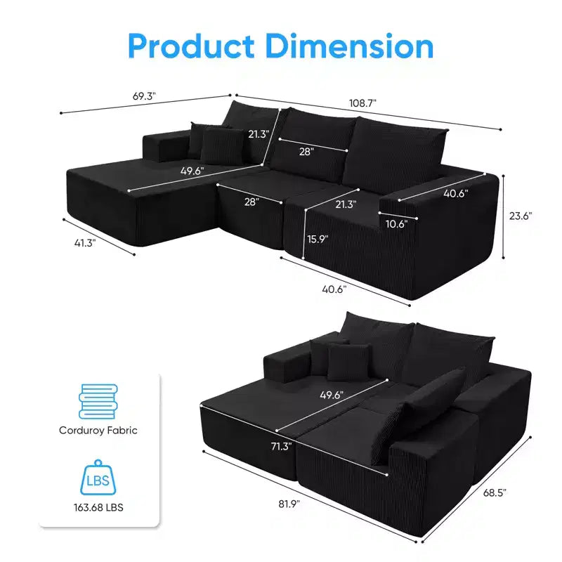 Mjkone 108Corduroy Fabric Sectional Couch with Chaise Lounge3-Pieces Free-Combined Cloud Modular L-Shaped Sofa