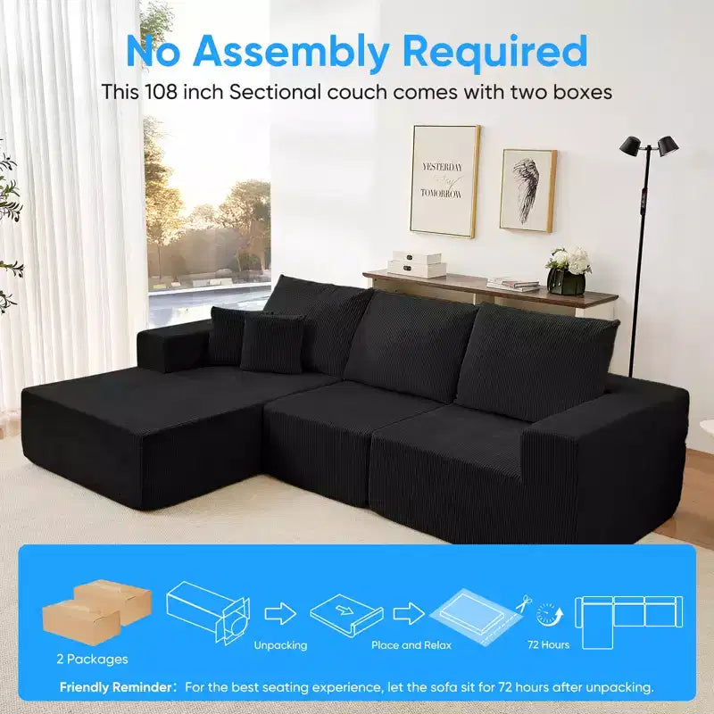 Mjkone 108Corduroy Fabric Sectional Couch with Chaise Lounge3-Pieces Free-Combined Cloud Modular L-Shaped Sofa