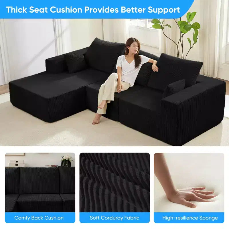 Mjkone 108Corduroy Fabric Sectional Couch with Chaise Lounge3-Pieces Free-Combined Cloud Modular L-Shaped Sofa