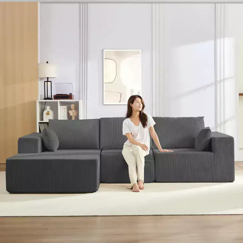 Mjkone 108Corduroy Fabric Sectional Couch with Chaise Lounge3-Pieces Free-Combined Cloud Modular L-Shaped Sofa