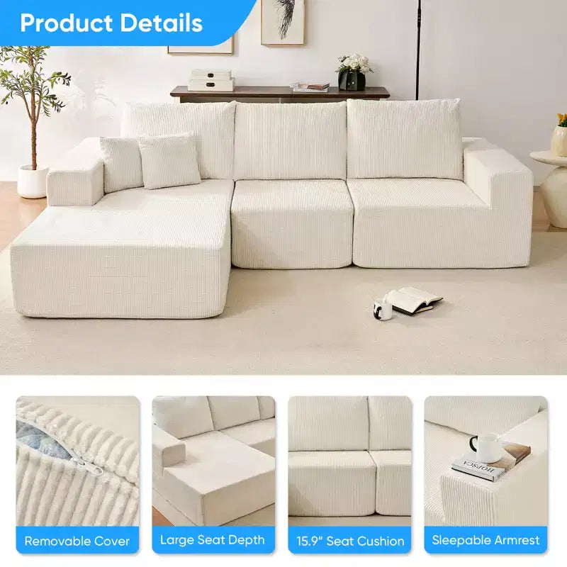 Mjkone 108Corduroy Fabric Sectional Couch with Chaise Lounge3-Pieces Free-Combined Cloud Modular L-Shaped Sofa